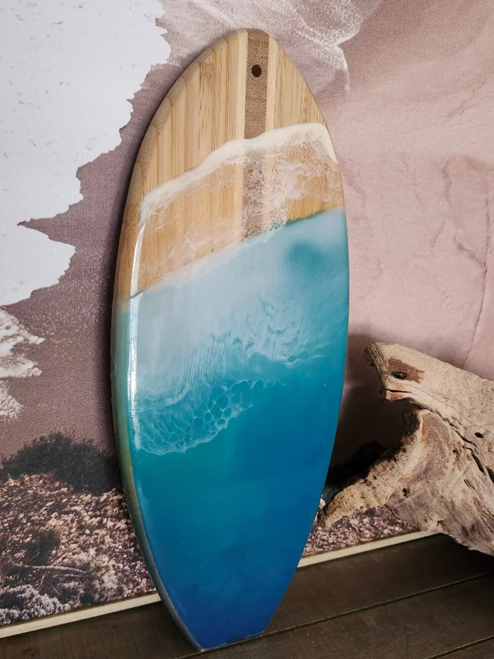 Bamboo Surfboard Epoxy Resin Ocean Wave Beach Wall Art Coastal 14.25